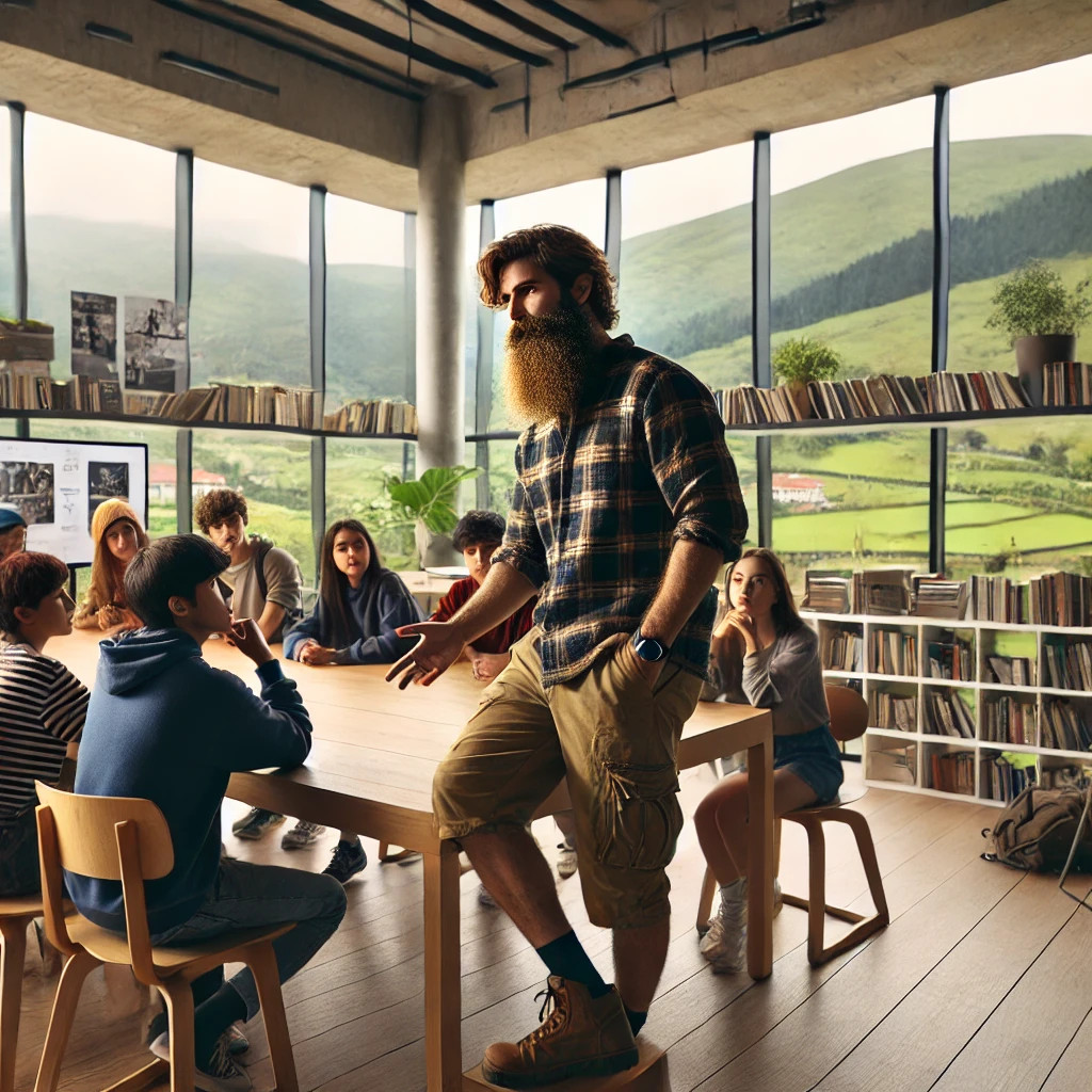 Agenda con "Clases de Francés Gipuzkoa" escrita, junto a materiales de oficina en un escritorio con vista al paisaje de Beasain.