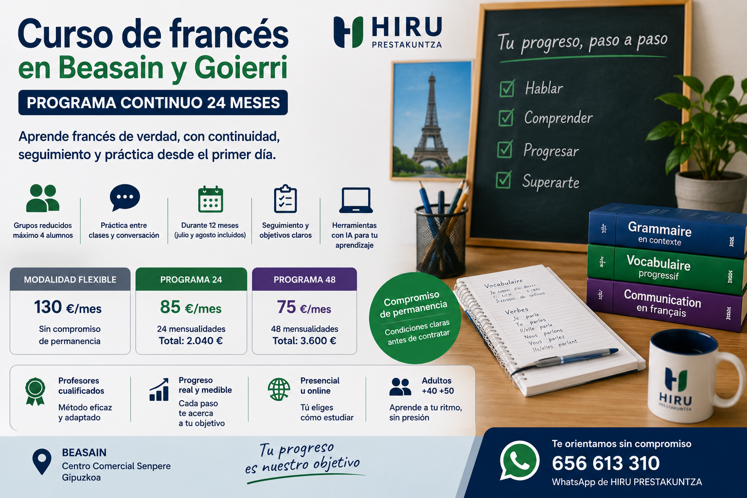 Curso de francés en Beasain y Goierri con programa continuo de 24 meses, grupos reducidos y seguimiento con HIRU PRESTAKUNTZA