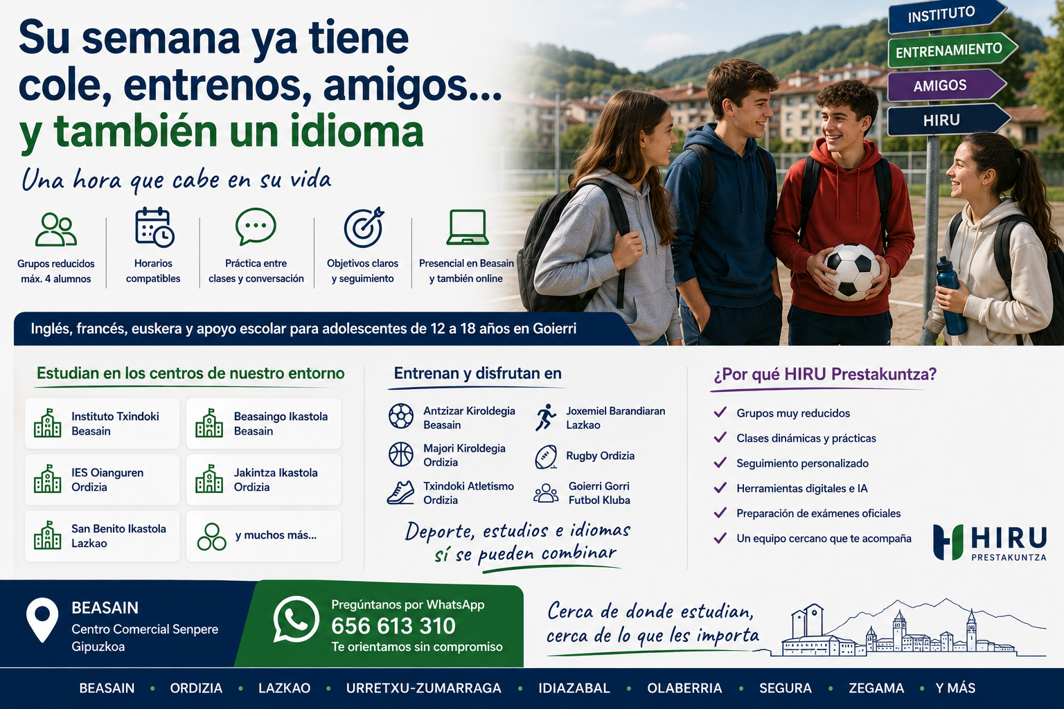 Adolescentes del Goierri combinando estudios, deporte e idiomas con clases de inglés, francés, euskera y apoyo escolar en HIRU PRESTAKUNTZA