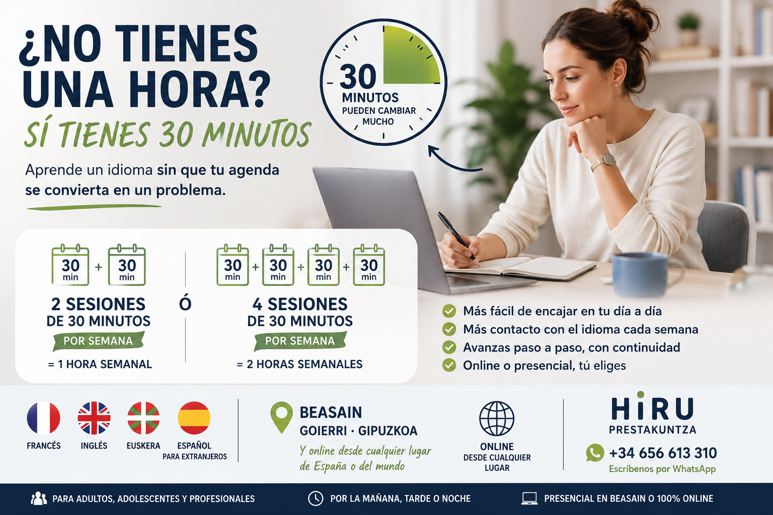 Clases de idiomas de 30 minutos en Beasain, Goierri y online con HIRU PRESTAKUNTZA