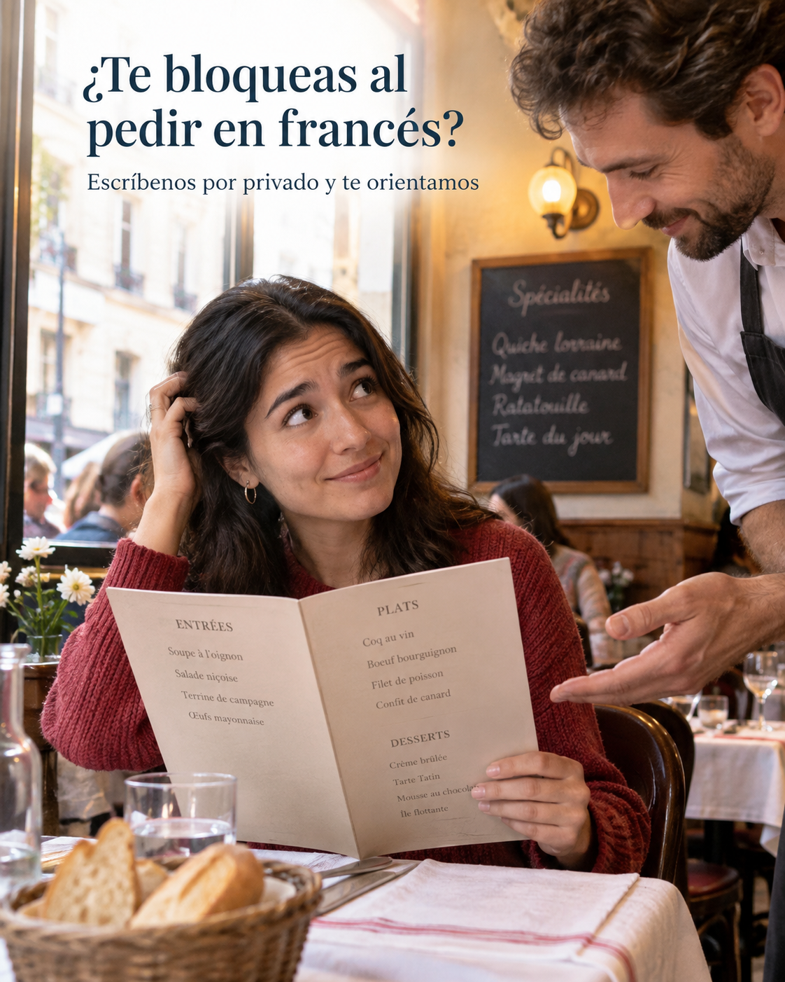 Persona practicando frases de francés en un restaurante durante un viaje, con HIRU PRESTAKUNTZA