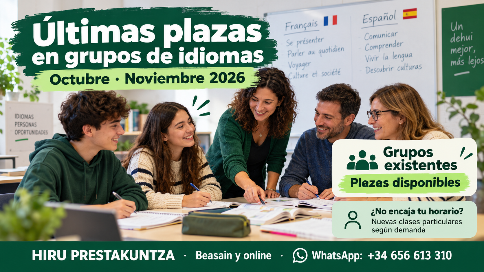 Plazas para clases de idiomas en Beasain en octubre y noviembre de 2026